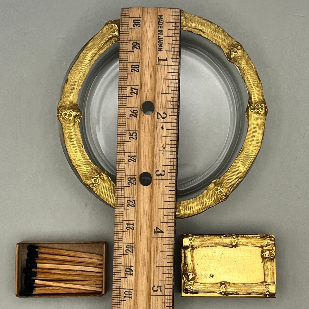 Vtg 1950s Gold Faux Bamboo Glass Ashtray Matchbox Set Hollywood Regency Matches - Picture 3 of 4
